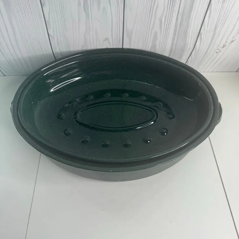 Vintage Enameled Dutch Oven/Roaster with Lid Speckled Green 16x13x9